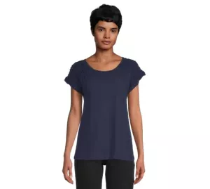 Time and Tru Women's Split Neck Gather Top Size L 12-14 Dark Navy - Picture 1 of 6