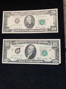 2 PC LOT PRINTING ERRORS EXTRA INK; 1969 $10 (small hole/tear) and 1969 $20 AU - Picture 1 of 6