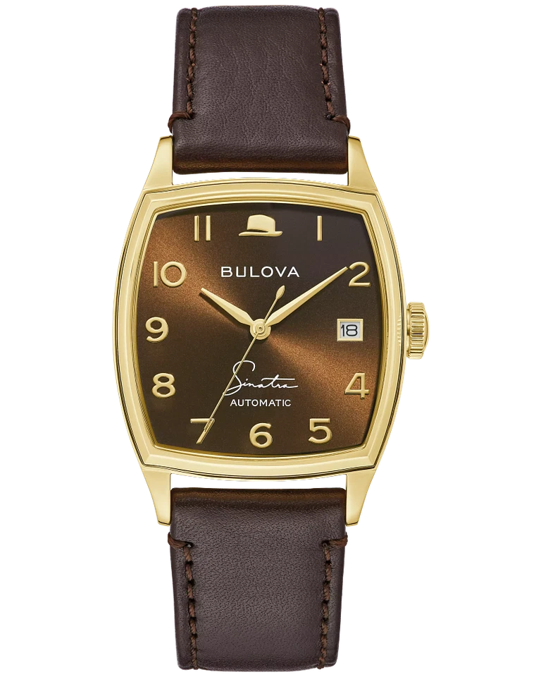 Bulova Frank Sinatra 33.5mm Case Stainless Steel Gold, Band Leather Brown Wristwatch for Men - (97B198)