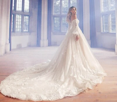 Spitze Brautkleid Hochzeitskleid 32-60 Ivory m.Langarm Maßgeschneidert Puffärmel - Bild 1 von 4