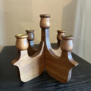 Portacandele vintage fatto a mano danese moderno uccellino 5 candele noce - Foto 1 di 6
