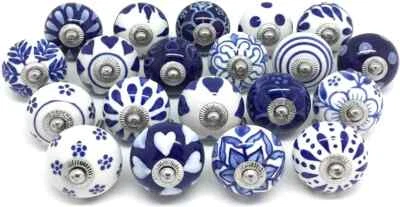 Juego de 10 piezas tiradores de cajón de cerámica hechos a mano boho azul blanco perillas para muebles Foto 1 de 4