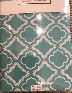 LENOX  EASY CARE  FLANNELBACK TABLECLOTH 52 x 70 TURQUOISE WHITE NIP - Picture 1 of 2