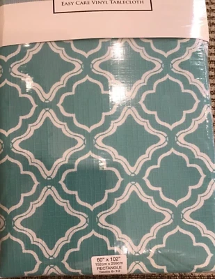 LENOX  EASY CARE  FLANNELBACK TABLECLOTH 52 x 70 TURQUOISE WHITE NIP - Image 1 of 2
