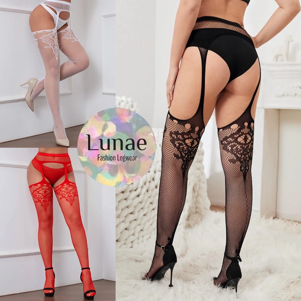 Fishnet suspender tights 8/10/12/14/16 stockings crotchless faux-back-seam - Image 1 of 1