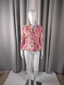 Sunny Leigh Women's Pink, White, Smocked Long Sleeve Cotton Blend Blazer Size 10 - Picture 1 of 12
