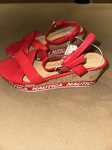 Nautica Sandal Women's Size 8.5 Red Faux Wood Wedge Sandal Open Toe Buckle - Picture 1 of 3