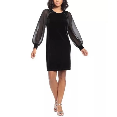 London Times Woman Black Velvet Shift Dress Sheer Long Sleeves Size 16W Holiday - Image 1 of 4