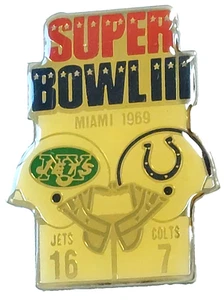 Prendedor de solapa Starline de los Jets vs Colts de la NFL Super Bowl III Miami 1969 - Imagen 1 de 2