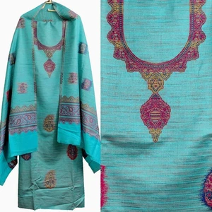 TRQ KASHMIRI KANI WOOL INDIAN SALWAR KAMEEZ SHAWL SUIT DRESS MATERIAL LADIES DEN - Picture 1 of 4