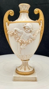 ANTIKE SELTENE DEUTSCHE E&A MULLER SCHWARZA CHERUB GLASIERT VERGOLDET TASSE VASE 7" um 1970 g - Bild 1 von 10