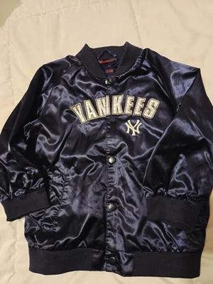 Vtg NEW YORK NY YANKEES Boy's 4t Bomber Jacket Blue Satin Mighty Mac Sports Fan - Image 1 of 4
