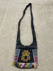 Owl Black Denim Shoulder Handbag Purse Bag Distressed Fringe Accent - Picture 1 of 8