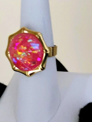 Opal Ring Sherbet Pink Resin Opal with Carved Bamboo Halo in All Stainless-Steel - Image 1 of 4