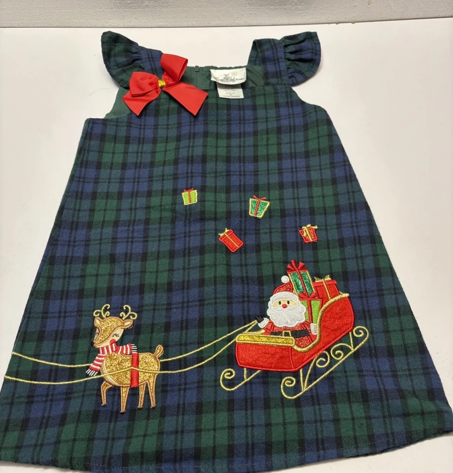 Редкие издания Рождественский джемпер платье Санта зеленый клетку ребенка ясельного возраста девочек размер 4T - Изображение 1 из 4