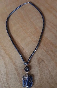 Black Onyx Stone Pendant Necklace Elephant Goldtone Trim - Picture 1 of 6