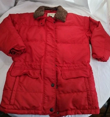 Chaqueta acolchada parka de colección años 90 EDDIE BAUER plumón de ganso rojo lana cuello oveja para mujer M Foto 1 de 4