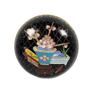 Portapillole rotondo cloisonne cinese vintage fiori ottone e smalto nero - Foto 1 di 8