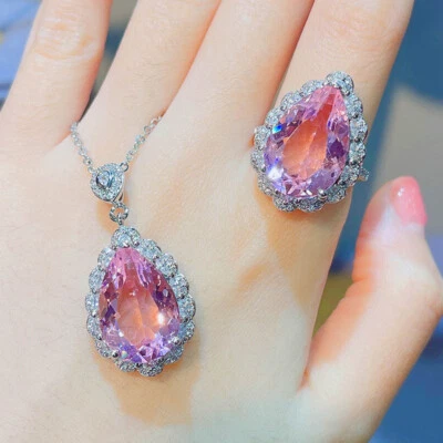 2pc Set Fashion Pink Topaz Waterdrop Gemstone Women Girl Silver Necklace Rings - Image 1 of 4