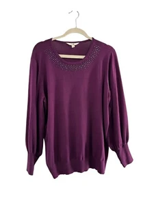 Terra & Sky Purple Womens Sweater Rhinestone Detail On Collar 1X Grandma Beaded - Picture 1 of 9