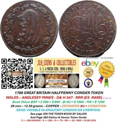 1788 WALES Conder Halfpenny - ANGLESEY MINES - D & H 347 RRR   10 KNOWN  CT 1003 - Image 1 of 4