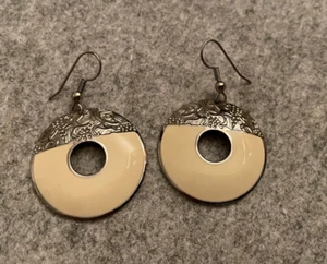 Vintage Edgar BEREBI Silver & White Enamel 1 ¼” Diameter Drop Earrings - Picture 1 of 4