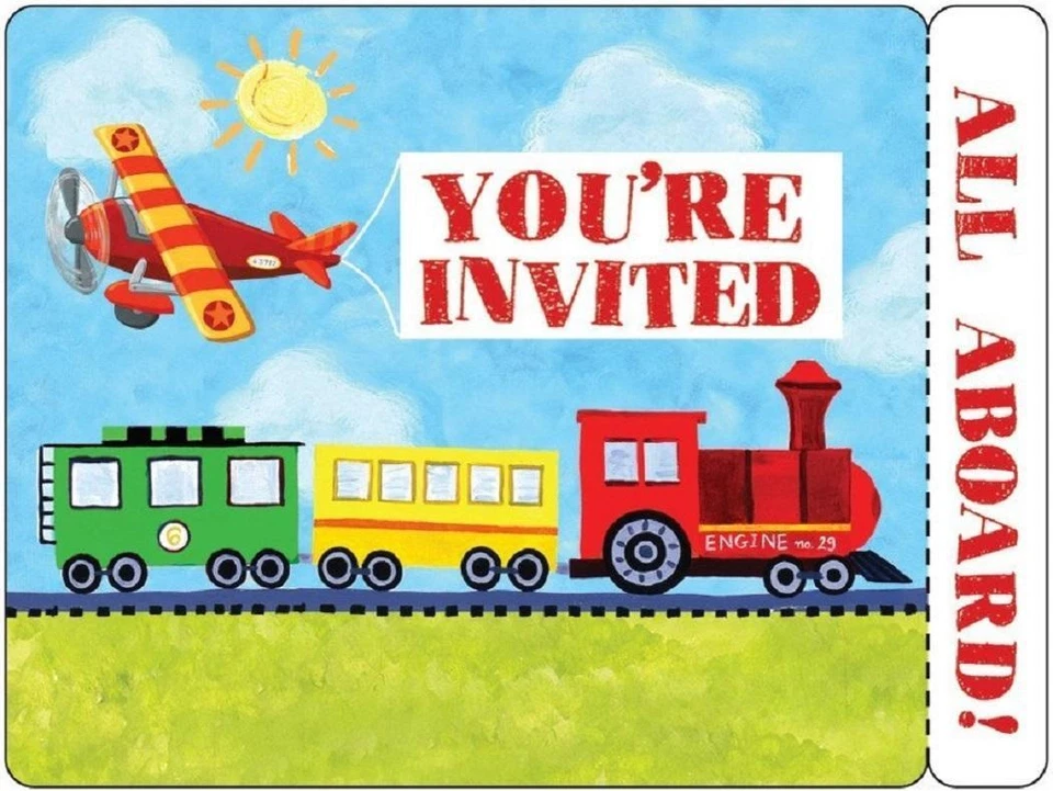 On the Go Train Truck Boat Plane Kids Birthday Party Invitations w/Envelopes - Image 1 of 1
