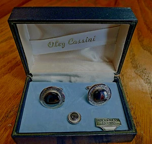 Oleg Cassini Hämatit Manschettenknöpfe und Krawattennadel Set ~ Vintage Herrenschmuck - Bild 1 von 4