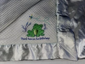 White Thank Heaven for Little Boys Frog Blanket Satin Trim Back Lovey 28x35" - Picture 1 of 16