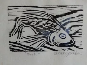 Framed Woodcut "Fish" by J. Baldur, 11" x 14"; page = 6 1/2" x 5" - Picture 1 of 9