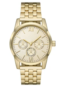Men's Gold Tone Watch Roman Numerals Dial 5-Link Bracelet Quartz Analog - Picture 1 of 3