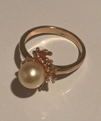 Ladies Estate Vintage 14k Solid Gold Natural Diamond & Pearl Cocktail Ring Sz 5 - Image 1 of 4