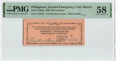 PHILIPPINES 20 Centavos 1943, MINDANAO, P-S483a Emergency, PMG 58 a/UNC TOP POP! - Image 1 of 2