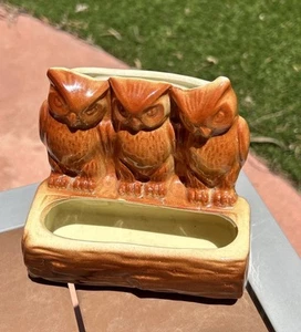 Vintage MCM Three Owls Ceramic on a Log Cream & Brown Planter - Picture 1 of 10