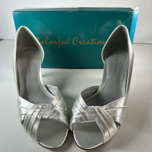 Colorful Creations Wedding Party Pumps Shoes Satin White Mid Heels Size 10 B - Picture 1 of 9