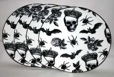 Zrike Halloween Skeleton King Bats Spiders 10 1/2" Dinner Plates Set of 4 New - Image 1 of 3