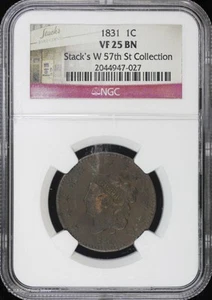 1831 1c Coronet Head Large Cent NGC VF 25 BN | Stack's W 57th St Collection - Picture 1 of 4