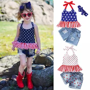 Toddler Girl Independence Day 4th Of July Outfits Striped Print Vest with Shorts - Picture 1 of 28