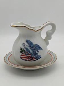 Vtg Enesco Patriotic Eagle American Porcelain Pitcher W/Bowl 4" Made In Japan - Picture 1 of 7