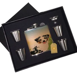 Australian Shepherd Puppy Leather Flask Black Box Gift Set - Picture 1 of 2