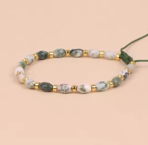 Moss Agate Bracelet Dainty Bead Bracelet Minimalist Green Bracelet for Woman - Picture 1 of 5