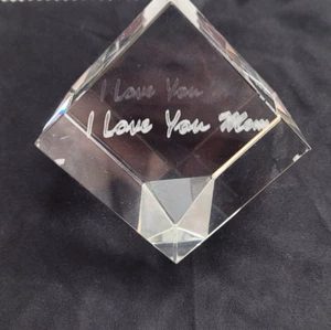 3D Etched Crystal Paperweight I Love You Mom Cube Stands on One Corner - Picture 1 of 6