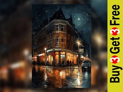 Luzes de rua chuvosas 5"x7" impressão em papel fosco | Pintura noturna de cidade aconchegante - Imagem 1 de 4