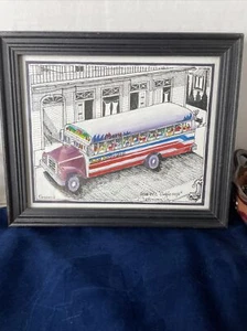 Vintage? Panama Diablo Rojo Bus etching? Print? Signed Art - Picture 1 of 8