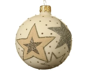 6 Baumkugel Wollweiß Gold Beige Motiv Sterne Glas Matt Weiß Advent Glaskugel - Bild 1 von 1