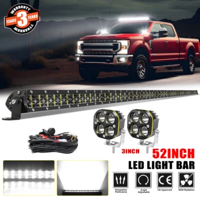 For Ford F250 F350 1999-2015 Roof 52" LED Light Bar+2x 4" Pods+2Leads Wire Kits - Image 1 of 4