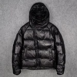 Daunen-Steppjacke Herren schwarz Echtleder Lammleder mit Kapuze - Bild 1 von 4