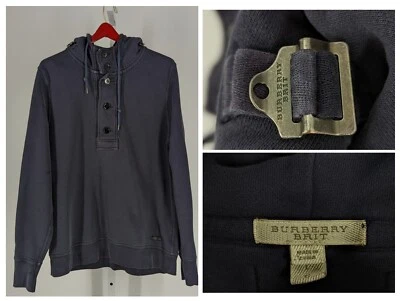 Burberry Brit De Colección Y2K Azul Logo Herrajes Cuello Correa Botón Sudadera con Capucha Grande Foto 1 de 4
