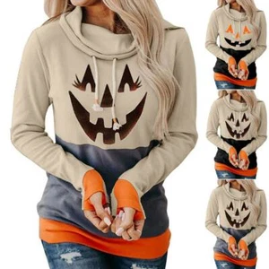 Women Halloween Hoodie Pullover Sweatshirt Long Sleeve Pumpkin Print Hooded Tops - Picture 1 of 11