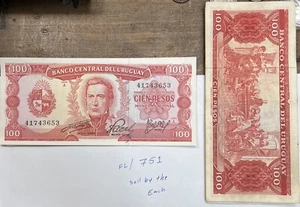 BILLETE DE BANCO URUGUAY, 100 PESOS, 1971, SELECCIONADO AL AZAR. Lote # FL/751 - Imagen 1 de 4